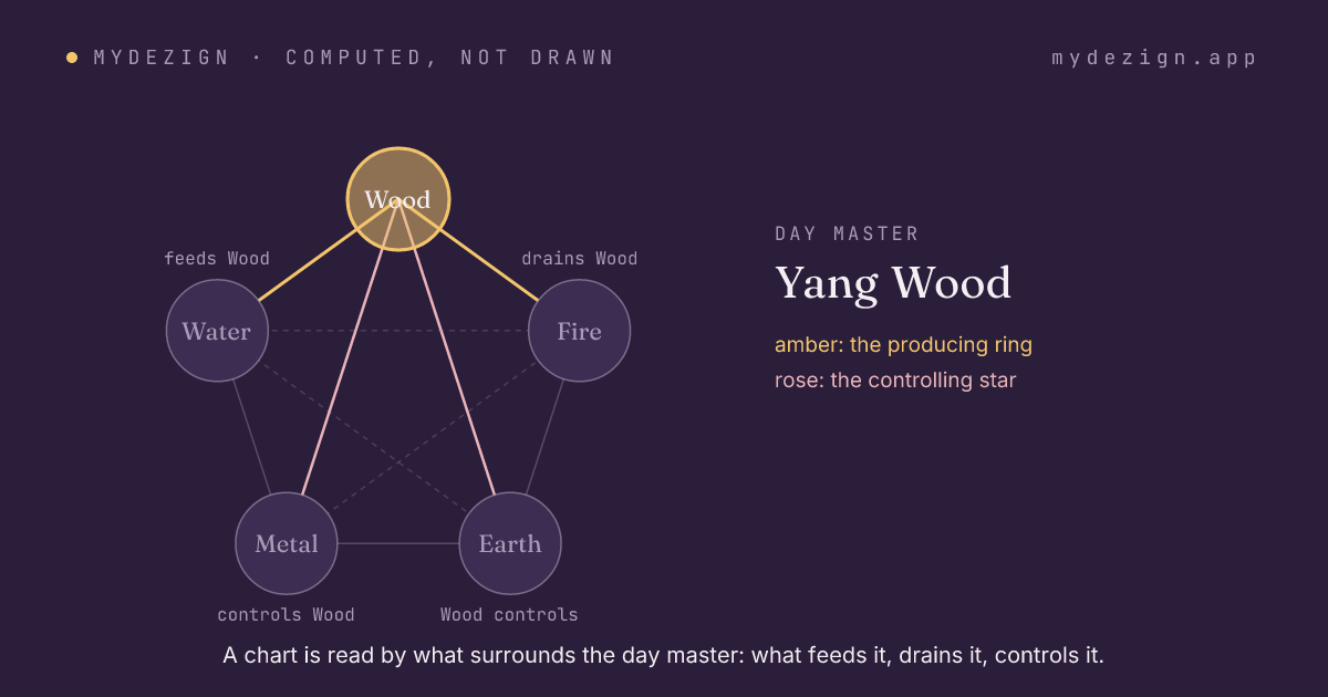The cycle of the five elements with Wood marked, showing what feeds it, what it feeds, what it controls and what controls it