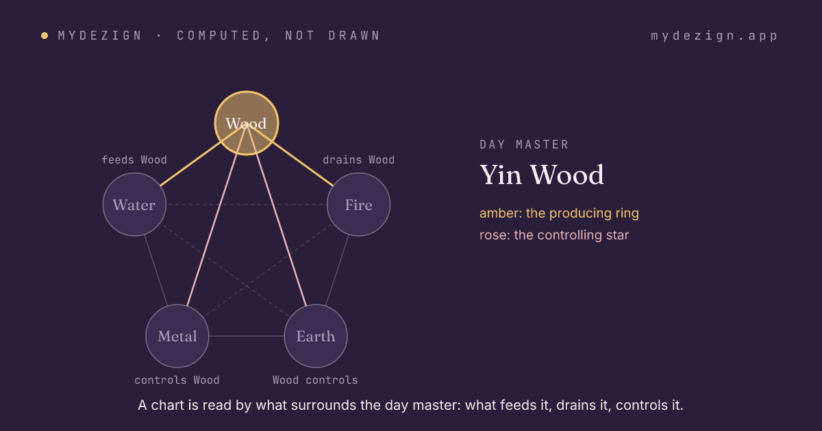 The cycle of the five elements with Wood marked, showing what feeds it, what it feeds, what it controls and what controls it