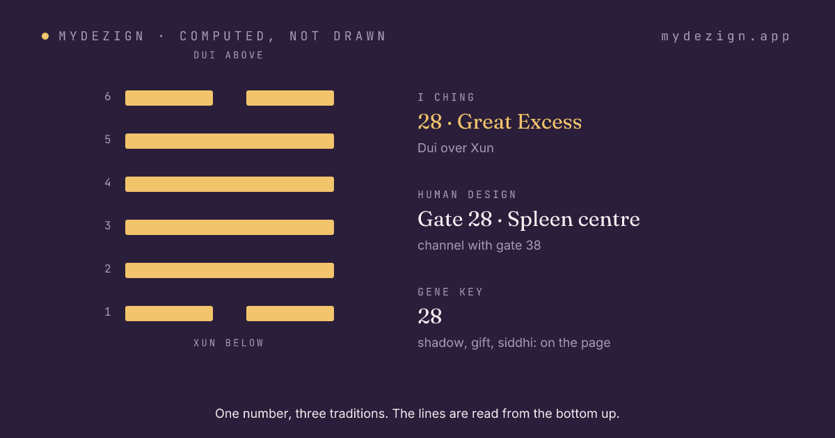 Hexagram 28, Great Excess, drawn as six lines, with the gate's centre and channel named beside it