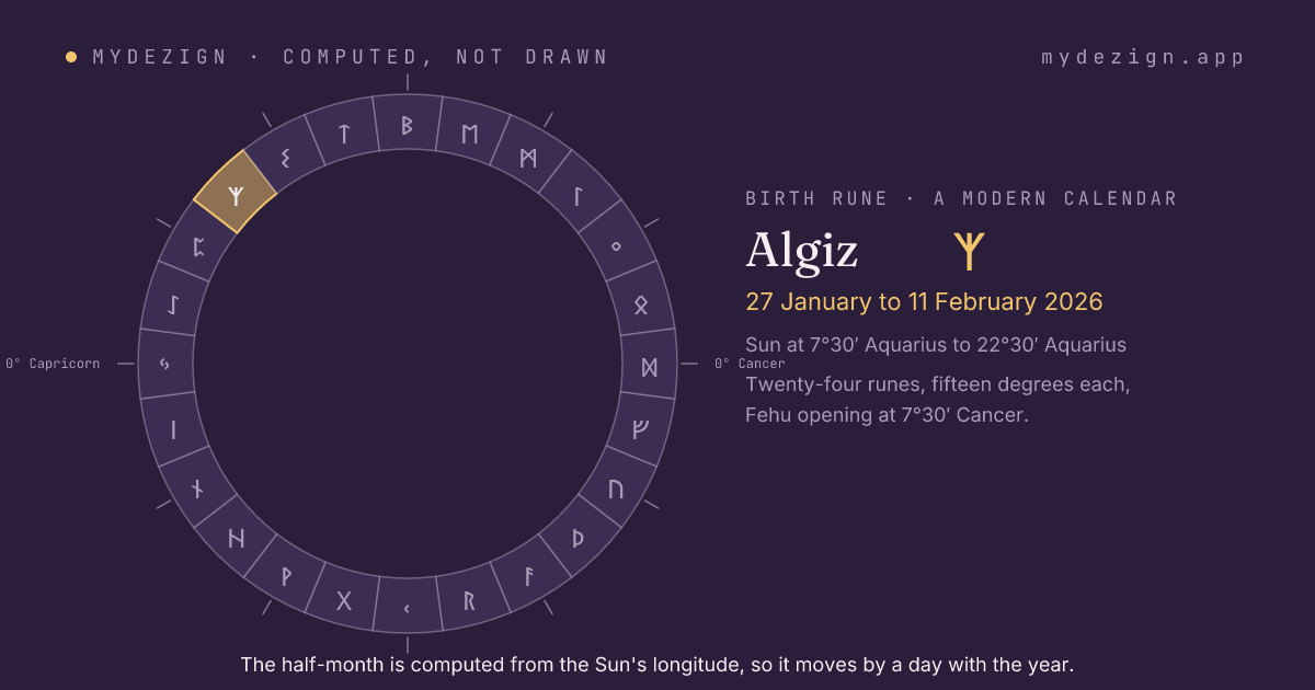The solar year as a ring of twenty-four half-months with Algiz marked, from 27 January to 11 February