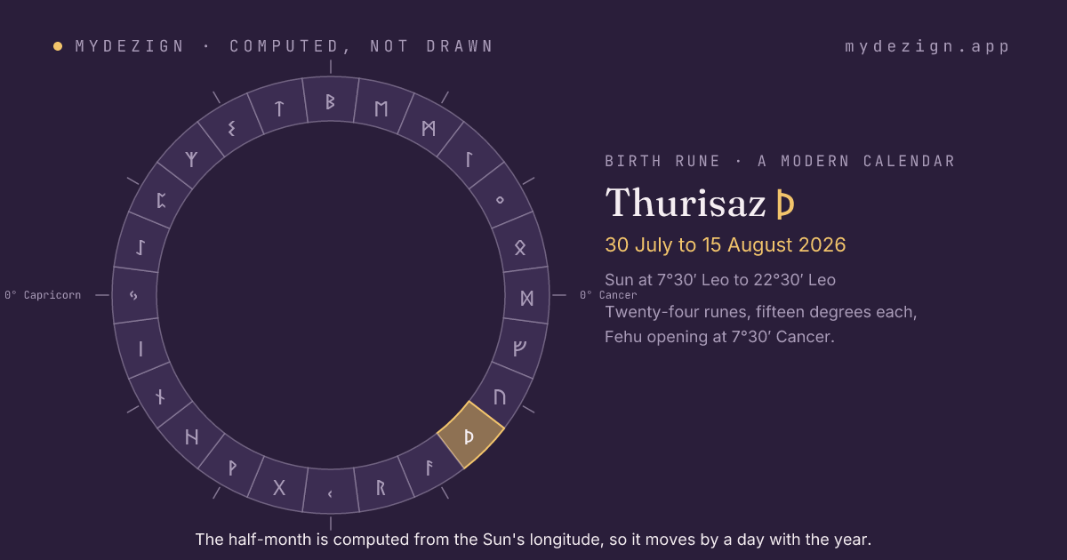 The solar year as a ring of twenty-four half-months with Thurisaz marked, from 30 July to 15 August
